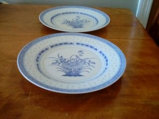Chinese Rice Eye White And Blue Flower 10 " Set Of 2 Dinner Plates