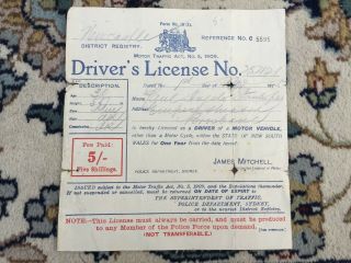 1909 Ephemera Drivers License Brisbane Sydney Australia James Mitchell Police