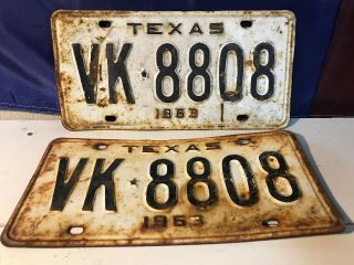 Vtg Set Pair 1963 Texas License Plates Automobile Car Tx " Vk 8808 "