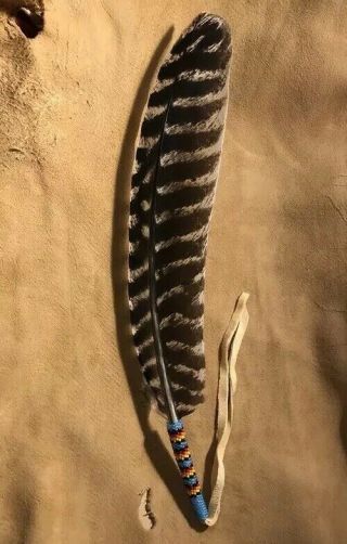 Neat Colored Native American Lakota Sioux Beaded Turkey Wing Feather