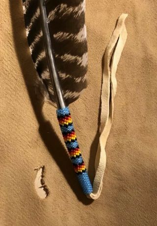 Neat Colored Native American Lakota Sioux Beaded Turkey Wing Feather 3