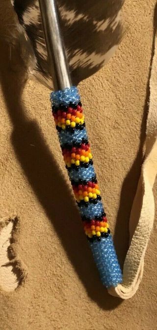 Neat Colored Native American Lakota Sioux Beaded Turkey Wing Feather 4