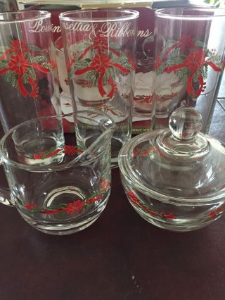 Poinsettia & Ribbons Glass Creamer Sugar/lid,  3 Tall Glasses Christmas Shi