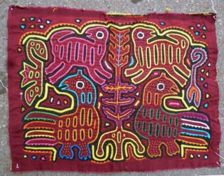 Appliqued Kuna Women Native Art Dogs Chicken Abstract Design Motif Mola Textile