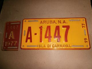 Vintage 2 Pc 1977 Metal License Plate A - 1447 Aruba N A Isla Di Carnaval