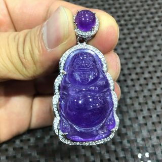 Rare Handwork S925 Silver & Purple Jadeite Jade Chinese Laughing Buddha Pendant