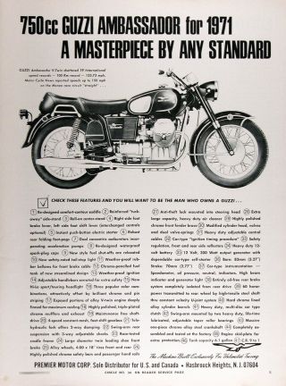 1971 Moto Guzzi Ambassador Authentic Vintage Ad 750cc Masterpiece