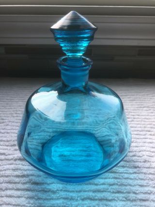 Vintage Turquoise Blue Mid Century Glass Decanter W Stopper