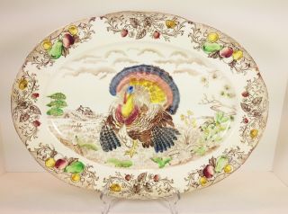 Vintage Hand Painted Transferware Turkey Platter Serving Tray Plate Large 18 "