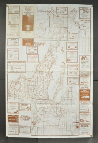 Vtg 1984 Traverse City Cadillac Mi Map Of Grand Traverse County Wexford Etc Ads