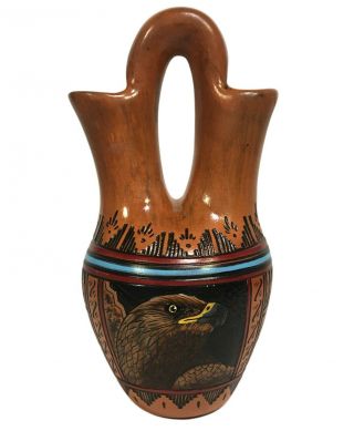 Arnold Brown 10 1/4 " Navajo Pottery Wedding Vase W/ Carved Bald Eagle