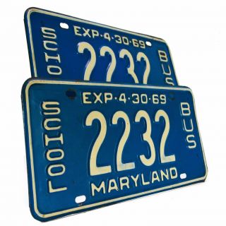 1969 (1960) Maryland Md License Plate School Bus Matching Set Pair Blue White