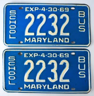 1969 (1960) Maryland MD License Plate School Bus Matching Set Pair Blue White 2