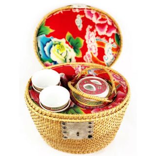 Asian Chinese Porcelain Tea Set W/4 Cups.  8” Teapot - Rattan Basket & Handles