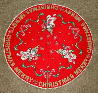 Vtg Printed Flannel Tree Skirt Merry Christmas Snowman Candy Canes