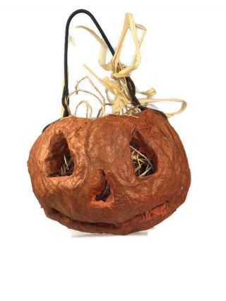 Paper Mache Halloween Jack - O - Lantern Pumpkin Small Candy Container Decoration