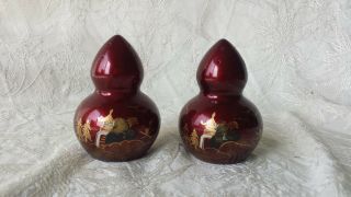 Vintage Japanese Ceramic Red Gold Salt Pepper W Temple Design