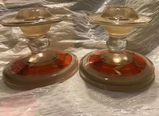 Vintage Mid Century Modern Candlestick Candle Holders Glass Orange & Silver