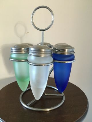 Art Deco Spice Containers.  Frosted Coloured Glass Bullet Shape In Chrome Caddie.