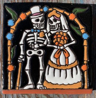 Talavera Pottery 6 " Tile Day Of The Dead Man Woman Bride Groom Wedding Dress Hat
