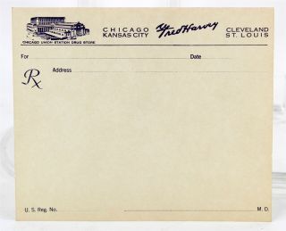 Fred Harvey Prescription Blank Chicago Union Station Drug Store Vintage Ephemera