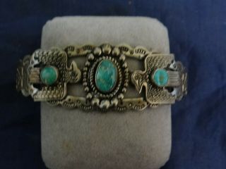 Old Fred Harvey Era Navajo Sterling Silver Turquoise Thunderbird Deer Bracelet