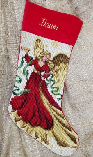 Needlepoint Christmas Stocking Angel Embroidered Dawn Gold Thread