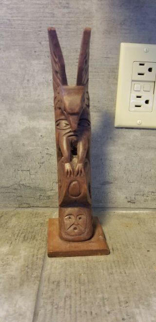 Vintage Hand Carved Wooden Totem Pole 9 Inches Tall Signed Tribal Pacific North