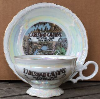 Vintage Souvenir Lusterware Tea Cup & Saucer Carlsbad Caverns Mexico State