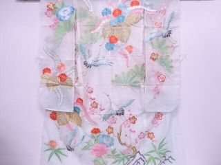 67526 Japanese Kimono / Antique Furisode For Summer / Embroidery / Cranes &