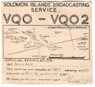 Qsl,  Solomon Islands Broadcasting Service,  1959