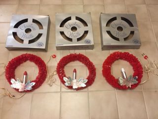 3 Vintage 1950’s Red Cellophane Lighted Christmas Wreath Electric Light W/boxes