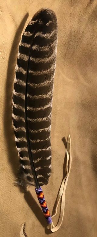 Bright Colored Native American Lakota Sioux Beaded Turkey Wing Feather