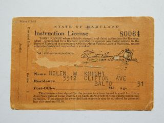 Motor Vehicle Instruction License Maryland (1921) (learner 