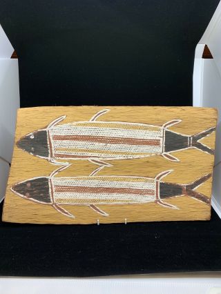 Vintage Australian Aboriginal Wood Bark Art 2 Fish 19 - 1/4”
