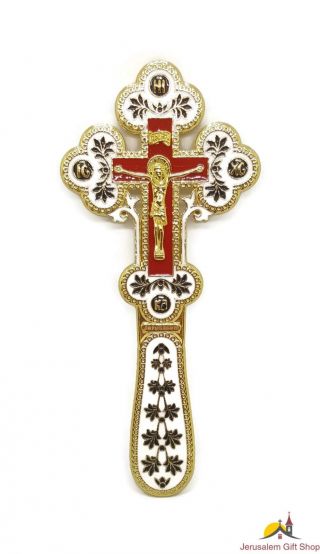 Orthodox Gold Plated Blessing Cross 2 Sides Red & White Enamel From Jerusalem