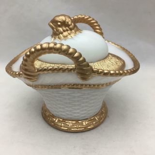 Antique Covered Milk Glass Dish Basket W Easter Chick Hatcing From Egg