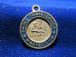 Vintage St Christopher Surfer Medal Blue Enamel Rim Silvertone Center And Back