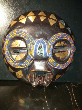 Vintage African Tribal Wood Mask Hand Carved Beads/bronze Ashanti Baluba Art Wow