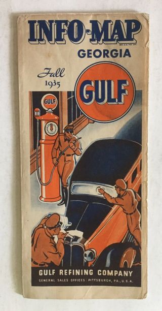 1935 Gulf Info Map Georgia Roads Art Deco Graphics Mileage Charts Chips Holes Gd