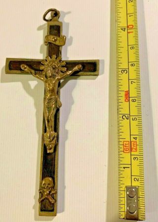 Antique Brass Pectoral Cross Priest Nuns Crucifix W/ Skull & Crossbones - 4.  5