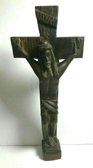 Vintage Rare Inri Crucifix Jesus On Cross Hand Carved Heavy Wooden Statue (a0371