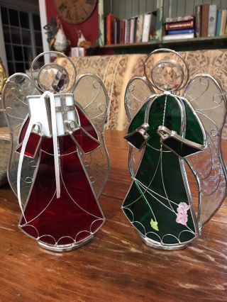 Pair Stained Glass Angel Playing 8.  25” By Ghs 1998 Handmade Numbered