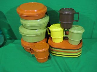 Tupperware Square Luncheon Lunch Snack Plates 1534 Autumn Harvest Bowls Cups
