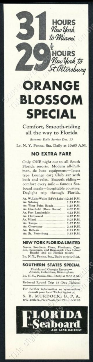 1932 Orange Blossom Special Train Schedule Seaboard Railway Vintage Print Ad