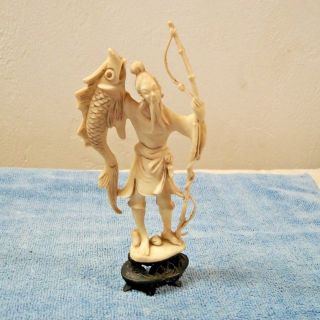Vintage Resin Ivory Color Figurines,  Asian Man Carrying Fish,  Made In Italy