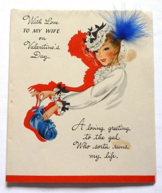 VTG Hallmark Fold Out Valentine Card - Cute Lady,  Lucille Ball Type,  Hat,  Feather 2