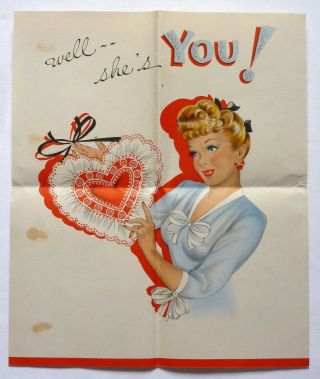 VTG Hallmark Fold Out Valentine Card - Cute Lady,  Lucille Ball Type,  Hat,  Feather 4