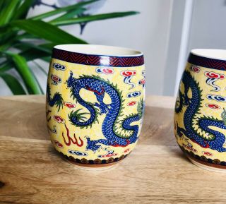 2 Vintage Chinese Dragon Yellow painted tea cups 5