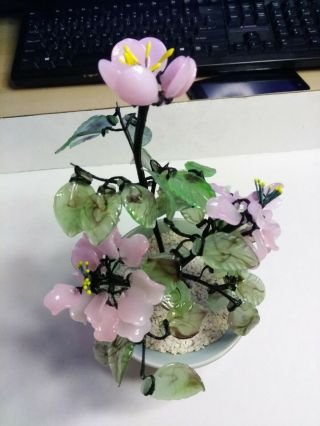 Gorgeous Vintage Asian Chinese Jade Glass Pink Cherryblossom Flower Bonsai Tree